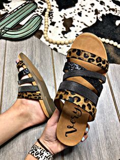 Leopard, Black, and Charcoal Strapped Slide Sandals Brown Soles So Comfy True to size, SIZE... Cactus Rose, Western Shoes, Leopard Sandals, Nice Sandals, Leopard Black, Wedge Flip Flops, Sandals Brown, Rose Boutique, Slides Sandals