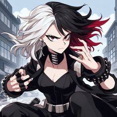 an anime character with white hair and black clothes, holding her hand to her ear