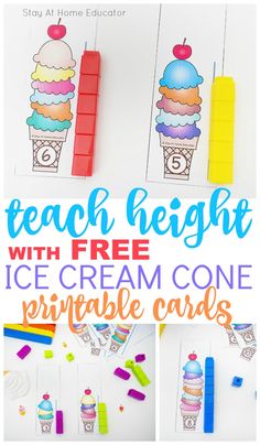 ice cream cone printable cards with the text teach height with free ice cream cone printable cards