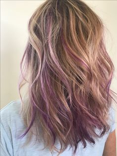 Bright Color Hair Highlights, Violet Peekaboo Highlights, Pop Of Purple Hair, Fun Pop Of Color In Hair, Hair With A Pop Of Color, Blonde Hair With A Pop Of Color, Purple Highlights Blonde Hair Peekaboo, Color Pop Hair Ideas, Pop Of Color Hair Ideas