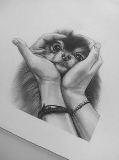 a drawing of a hand holding a small dog