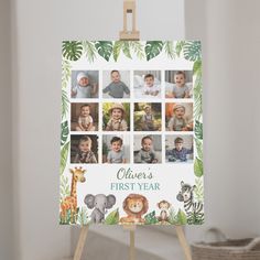 an easel with a photo collage on it in the shape of a baby's first year