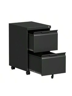 two black filing cabinets on wheels with one drawer open and the other closed to reveal a file cabinet