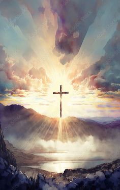 a painting of a cross on top of a mountain with clouds and sun rays coming through the sky