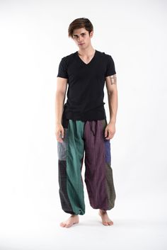 Men's Drawstring Patchwork Pinstripes Cotton Pants Cotton Tank Dress, Tie Dye Pants, Northern Thailand, Tie Dye Cotton