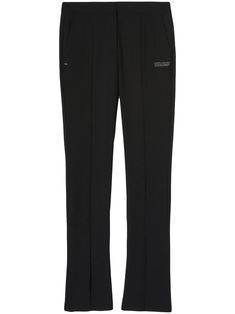 high-waisted tailored trousers from OFF-WHITE featuring black, white, logo print to the front, high waist, concealed front fastening, two side inset pockets, two rear welt pockets, pressed crease and tailored cut. | Off-White High-Waisted Tailored Trousers Black High Waisted Pants, Black White Logo, Off White Clothing, White Trousers, Polyester Pants, Upcycled Materials, Tailored Pants, Straight Leg Trousers, Tailored Trousers