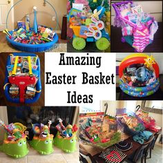 an assortment of easter baskets and toys on display with the words, amazing easter basket ideas