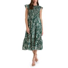 The August Sky Women's Floral Smocked Flutter Sleeves Midi Dress is a perfect blend of elegance and charm. Featuring short flutter sleeves and a round neckline with a behind-the-neck button keyhole opening, this dress adds a touch of sophistication. The smocked bodice and elastic waistband provide a flattering fit, while the tiered skirt adds graceful movement. Lined to prevent sheerness, the floral print gives it a fresh and feminine look. Ideal for any occasion, this midi dress offers style an Flowy Smocked Dress With Flutter Sleeves For Garden Party, Elegant Smocked Dress With Flutter Sleeves For Summer, Green Flutter Sleeve Beach Midi Dress, Casual Smocked Flutter Sleeve Dress For Garden Party, Casual Smocked Dress With Flutter Sleeves For Garden Party, Green Ruffle Sleeve Dress For Beach, Green Smocked Short Sleeve Dress For Brunch, Green Smocked Dress With Short Sleeves For Brunch, Chic Smocked Dress With Flutter Sleeves For Spring