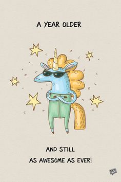 a card with an image of a cartoon unicorn wearing sunglasses and stars on the back