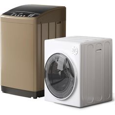 three different types of washing machines and dryers are shown in this image, one is brown and the other is white