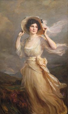 a painting of a woman in a dress and hat