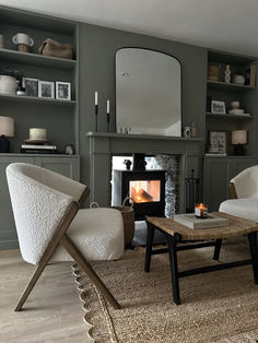 a living room filled with furniture and a fire place in the middle of the room