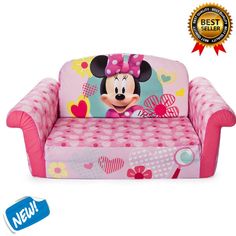 minnie mouse sofa with pink polka dots and hearts on the back, sitting in front of a white background