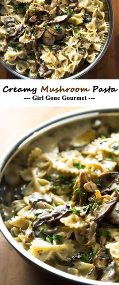 two pictures of pasta with mushrooms and parmesan cheese in a pan on a wooden table