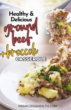 healthy and delicious ground beef broccoli casserole recipe on a white plate