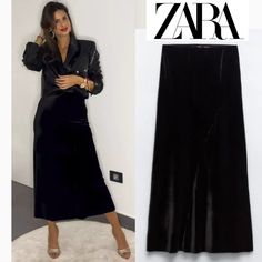 Nwt Zara Velvet Midi Skirt Black Zara Pencil Skirt For Winter, Chic Zara Maxi Skirt For Fall, Black Velvet Skirt Outfit, Black Midi Skirt Outfit, Velvet Midi Skirt, Black Velvet Skirt, Midi Skirt Black, Midi Skirt Outfit, Velvet Clothes