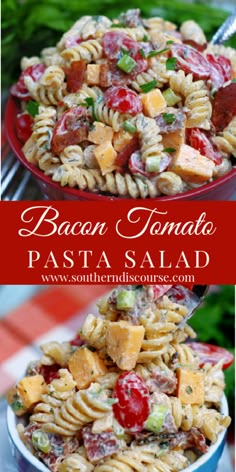 bacon tomato pasta salad in a red bowl with the title above it on top and bottom