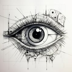 a drawing of an eye with lines and shapes on it's side, all around the eye