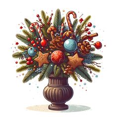 a christmas bouquet with candy canes, ornaments and pine cones in a urn