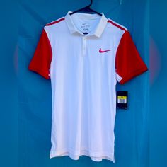 Nwt Red And White Polo Size Small Nike Collared Tops For Spring, Nike Red T-shirt For Summer, Red Nike T-shirt For Summer, Red Collared Sports Top, White Sports Shirt For Spring, Spring Sports White Shirt, Nike Sports Shirt For Summer, Nike Summer Sports Shirt, Nike Fitted Casual Shirt