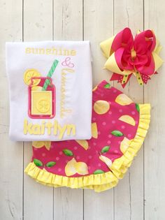 "This outfit for girls looking for magic is absolutely stunning... Beautifully embroidered glitsy lemonade jar. Spring fabric and colors accented in fresh yellow lemons and hot pink colors. Ruffle short fabric is made with lemons on a pink background with pink dots! Perfect for birthday and just the usual princess day. \"Rush Cut and Sew\" is available if you need it sooner!! Contact us for more details :) **To receive all three pieces (shirt, shorts/pants, and bow) please select \"OUTFIT\" unde Summer Party Design, Lemonade Jar, Handmade Pants, Boutique Bows, Girls Shirt, Girls Handmade, Valentines Outfits, Lemonade Stand, Spring Fabric