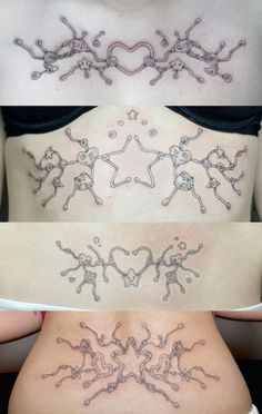 three different pictures of the back of a woman's stomach with tattoos on it