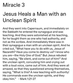 the text is written in black and white with an image of jesus heals man with an unclean spirit