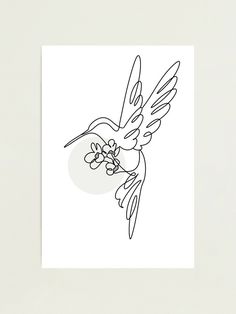 a black and white drawing of a hummingbird with flowers in it's beak