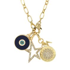 Pave & Blue Enamel Eye Disc Star Charm Necklace Yellow Gold Plated 16" Long Blue Star Charm Round Pendant Jewelry, Blue Star Charm Pendant Necklace, Blue Pendant Necklace With Star Charm, Blue Round Pendant Jewelry With Star Charm, Blue Round Star Charm Jewelry, Blue Round Jewelry With Star Charm, Pave Ear Cuff, Jennifer Miller, Triple Layer Necklace