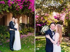 the bride and groom are posing for pictures in front of some pink bougaia