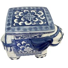 a blue and white ceramic box with an ornate design