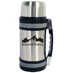 a stainless steel travel mug with the words beyond efficiency on it's lid and handle