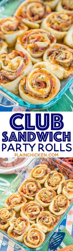 a close up of some food on a plate with the words club sandwich party rolls