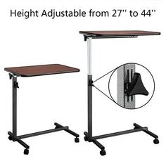 the height adjustable desk with wheels is shown in two different positions, including one on top and