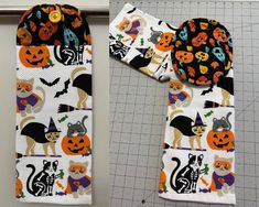 an image of halloween themed items on the back of a pair of oven mitts