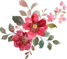 a watercolor painting of pink flowers and green leaves