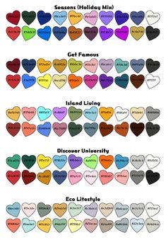 several hearts with different words and colors on them, including the names of each heart