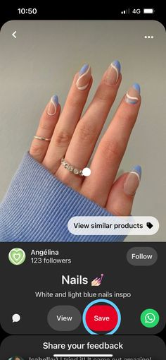 Light Color Nails With Design, White Acrylic Nails With Blue Design, Back To Uni Nails, Blue Acrylics Almond, Nail Ideas For A Blue Dress, Nails For Semi Formal, Light Blue Nail Inspo Almond, Nail Ideas Astetic, Light Blue Nail Ideas Acrylic Almond