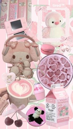 a collage of pink items including a teddy bear