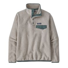 Patagonia Lightweight Synchilla Snap-T Fleece Pullover for Women Oatmeal Heather w/Nouveau Green Patagonia Fleece Pullover, Patagonia Pullover, Patagonia Fleece, Classic Sweater, Skateboarder, Womens Fleece, Sweater Making, Patagonia Womens, Rain Wear