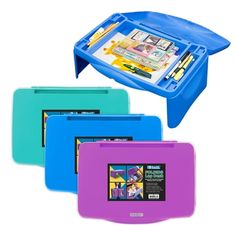 four different colored plastic folders with various items in each compartment on the top and bottom