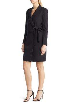 Chic sophistication defines this gracefully side-tied coat-dress cut from soft crepe. 36 1/2" length (size 8) Shawl collar Surplice V-neck Long sleeves Lined 89% polyester, 11% elastane Dry clean Imported Elegant Spring Outerwear With Tie Waist, Elegant Office Outerwear With Tie Waist, Elegant Knee-length Black Outerwear, Elegant Knee-length Outerwear For Evening, Elegant Black Knee-length Outerwear, Elegant Knee-length Evening Outerwear, Chic Knee-length Outerwear For Evening, Tailored Elegant V-neck Outerwear, Elegant Tailored V-neck Outerwear