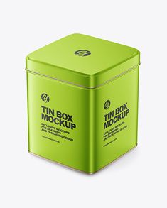 a green tin box mockup on a white background