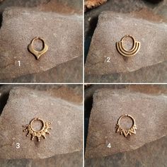 four pictures showing how to make an earring with gold plated metal and beads