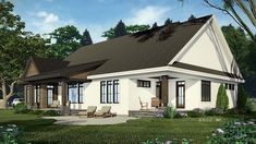 this is a computer rendering of a small cottage style home with porches and covered patio