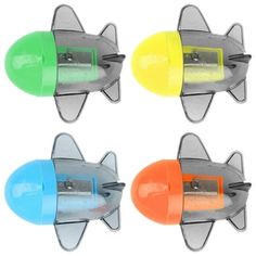 four different colored plastic objects in the shape of an airplane, each with a light on it's side