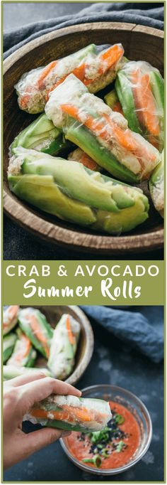 crab and avocado summer rolls in a bowl with dipping sauce on the side