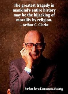 a man in a suit and glasses with a quote from author c clacke