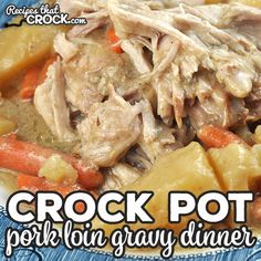 crock pot pork gravy dinner on a blue and white plate