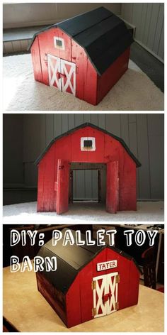 two pictures showing how to make a diy pallet toy barn